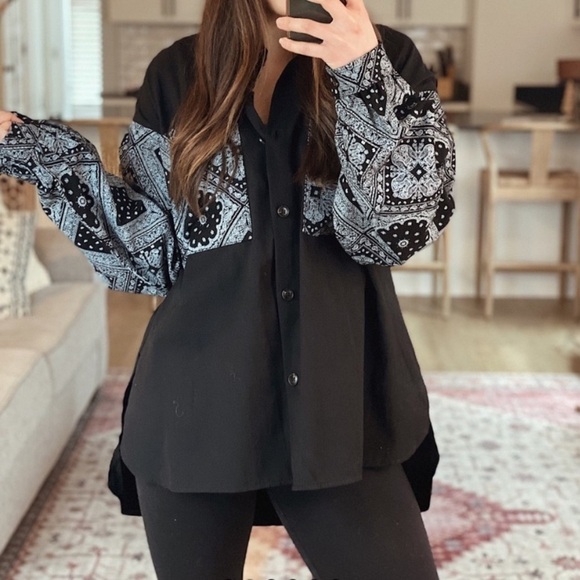 🆕 ✨ NWT DAVI & DANI Bandana black & white Oversized Button Top Womens size 2XL - Picture 10 of 11